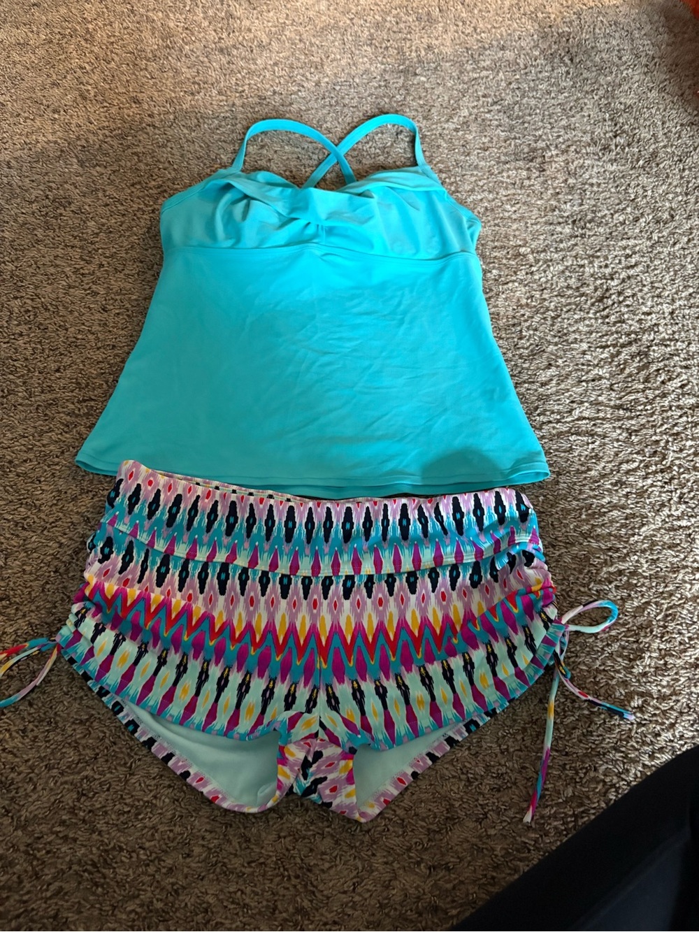 Athleta Aqua Teal Tankini Top with Multicolor Patterned Swim Shorts